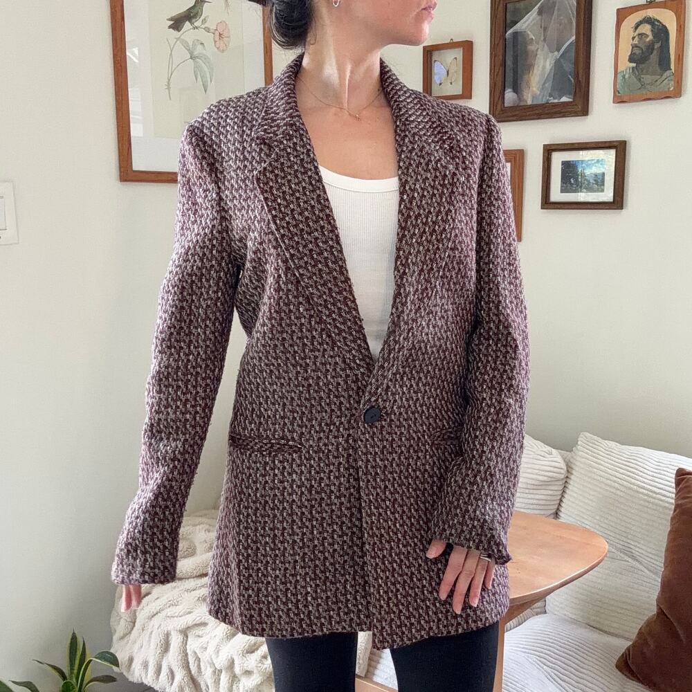 Vintage Y2k Plaid Burgundy Red Woven Tweed Long Blazer Jacket Size M